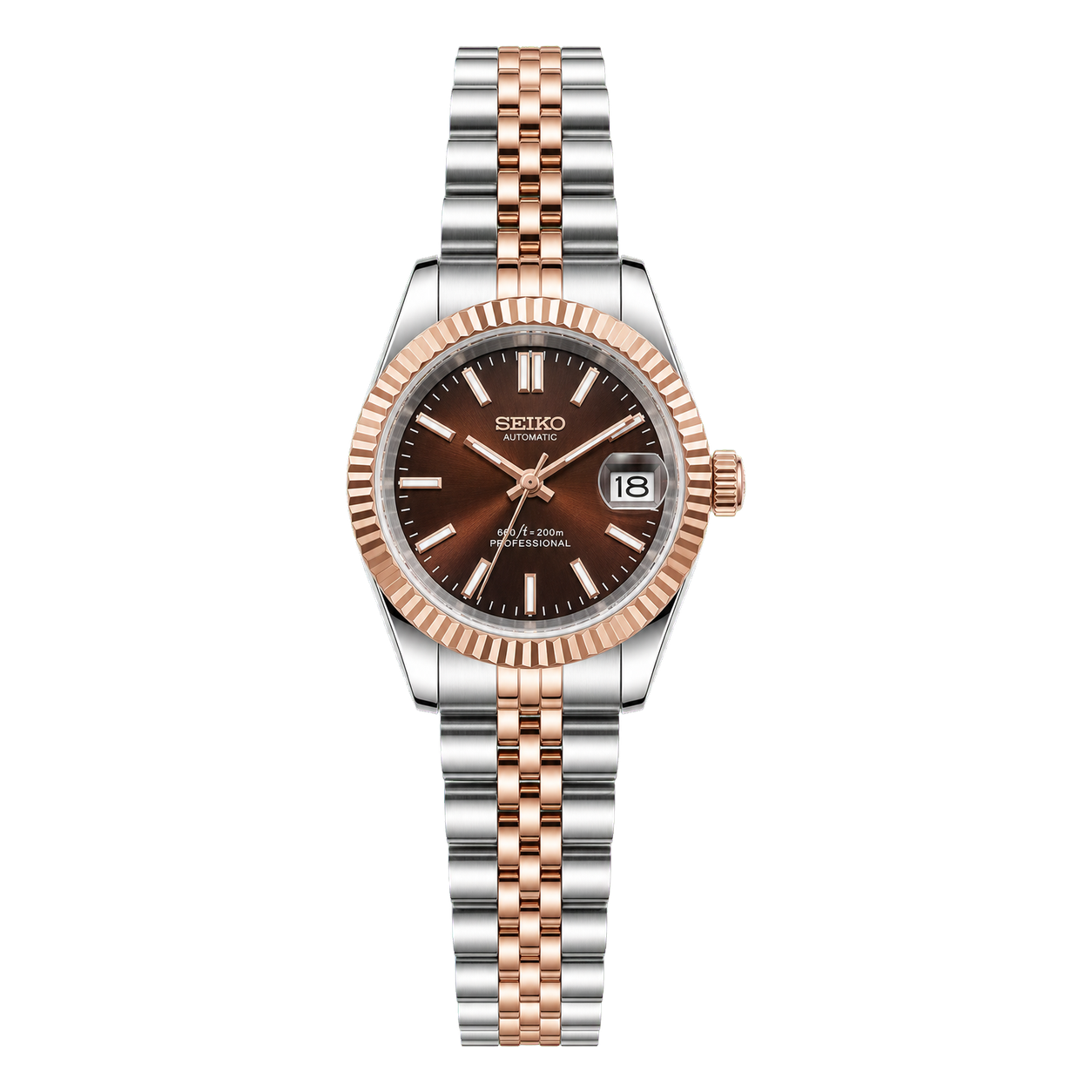 Seiko Mod Ladyjust – Two-Tone Rose Gold Chocolate studio product view