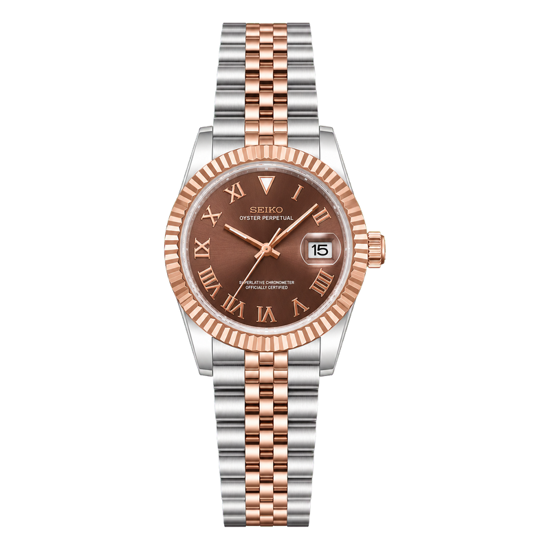 Seiko Mod Ladyjust - Two-Tone Rose Gold Chocolate Roman studio product view