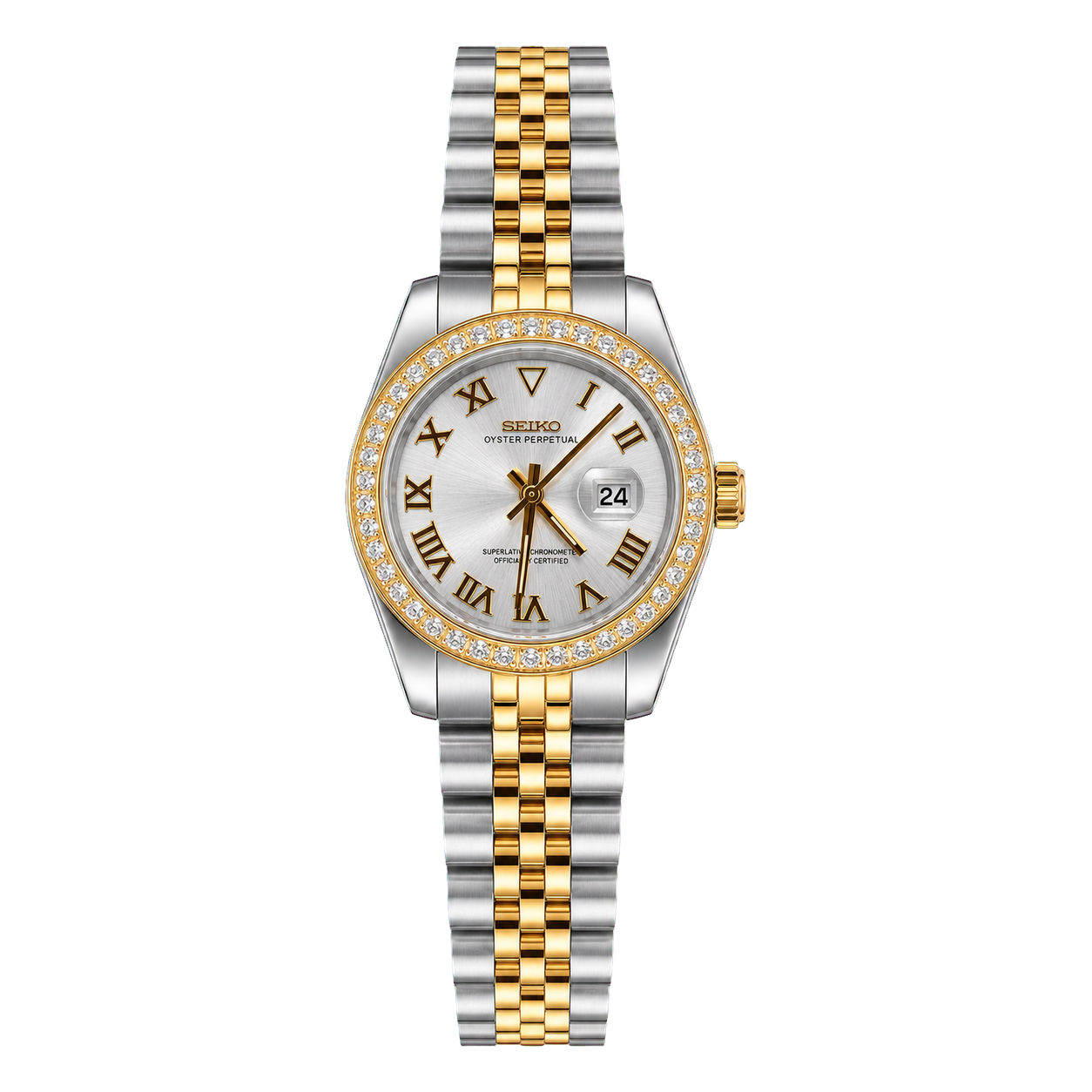 Approved transparent studio product view - Seiko Mod Ladyjust - Two-Tone Silver Roman Diamond