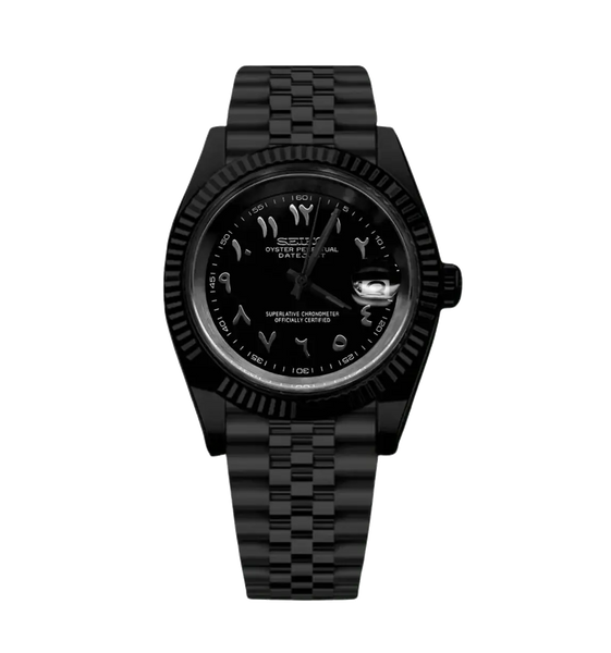 Seiko Mod Datejust – Black Arabic Dial (All-Black) – Chrome Watches