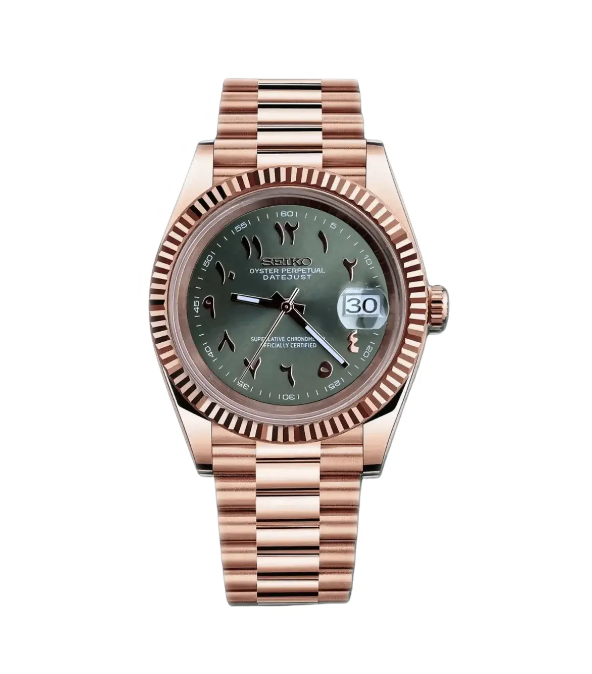 Seiko Mod Datejust – Rose Gold Arabic Olive Green Dial
