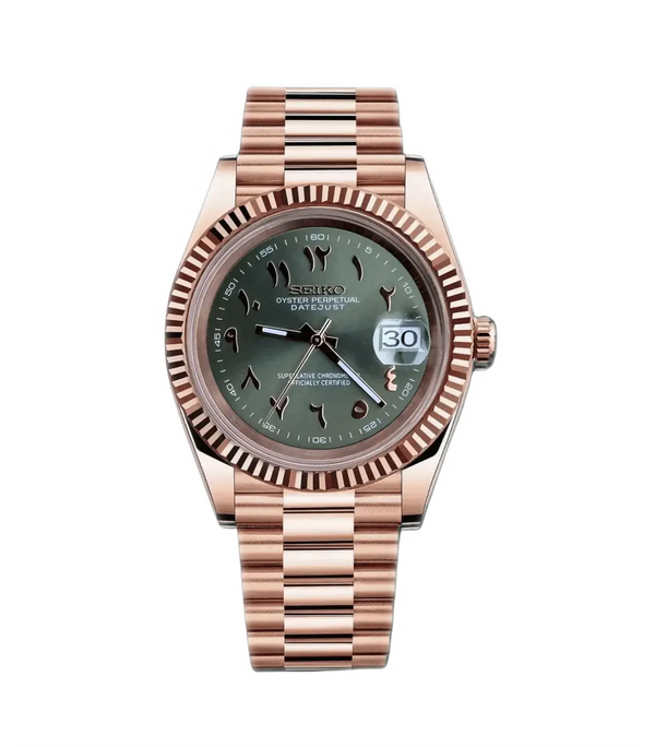Seiko Mod Datejust – Rose Gold Arabic Olive Green Dial