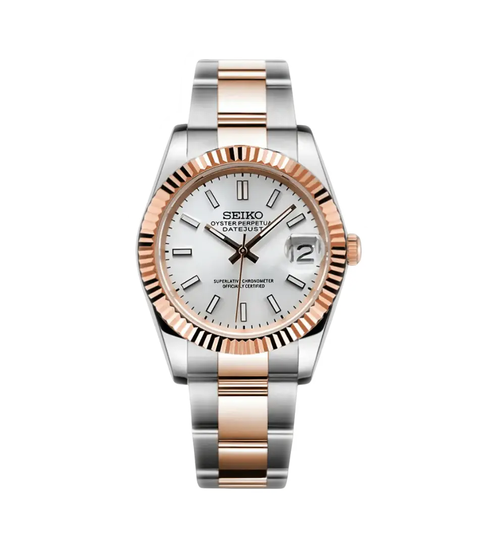 Seiko Mod Datejust – Cadran blanc bicolore (Or rose)