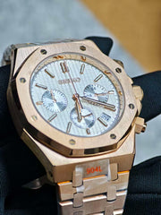 Seiko Mod Royal Oak Chronograph – Rose Gold White Dial supplier angled front view
