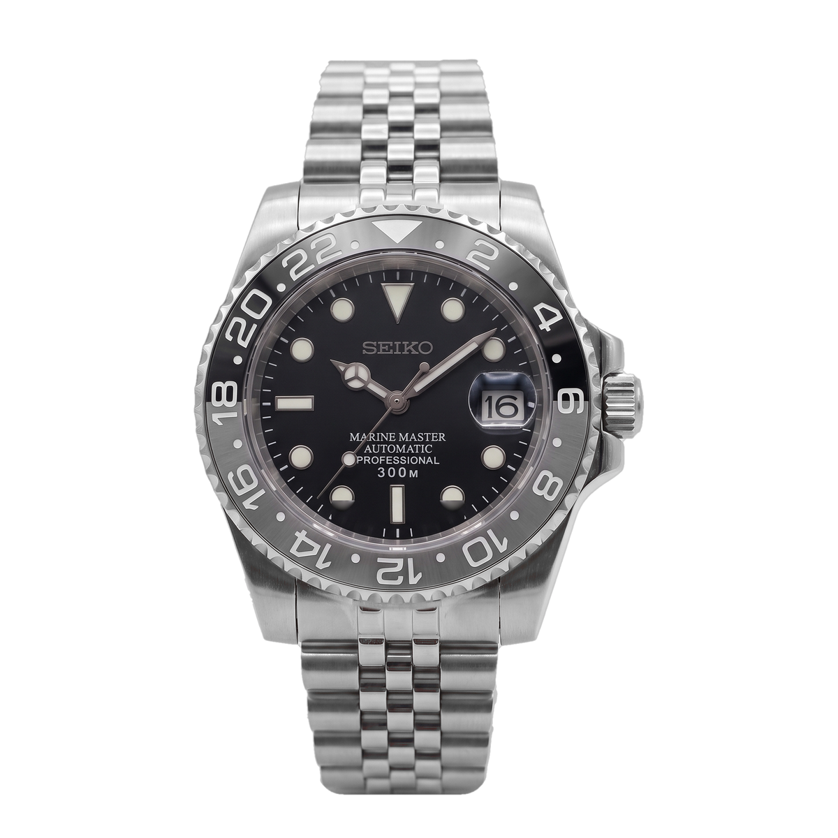 Bruce Wayne Seiko mod Submariner front view on Jubilee