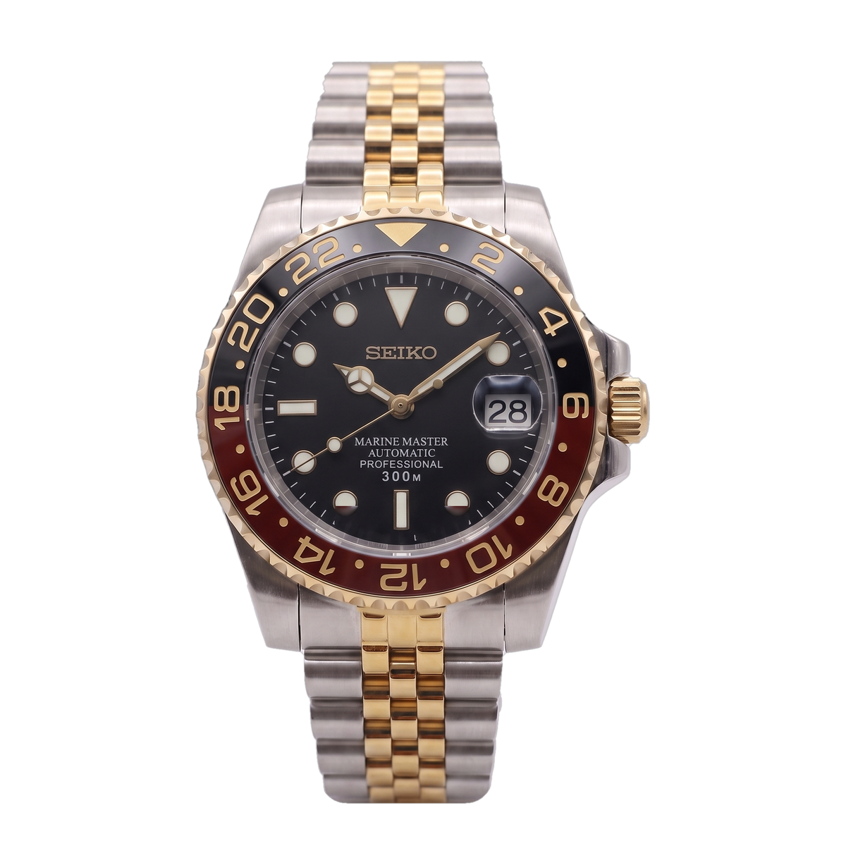 Coke 2-Tone Seiko mod Submariner front view on Jubilee