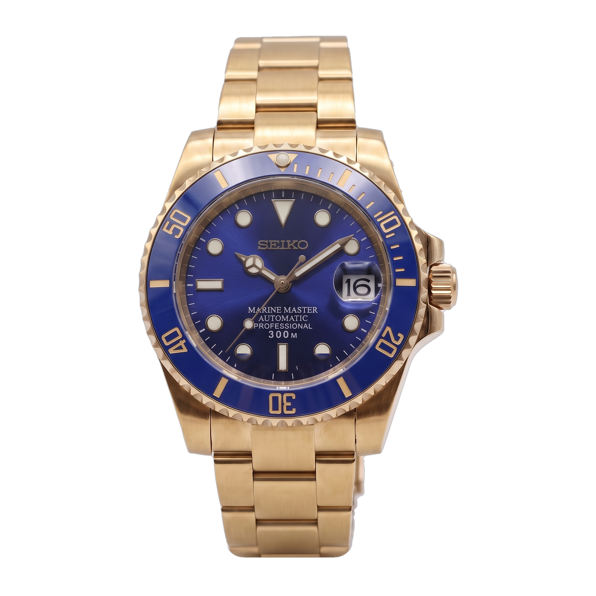 Full Gold Blue Seiko mod Submariner front view on Oyster