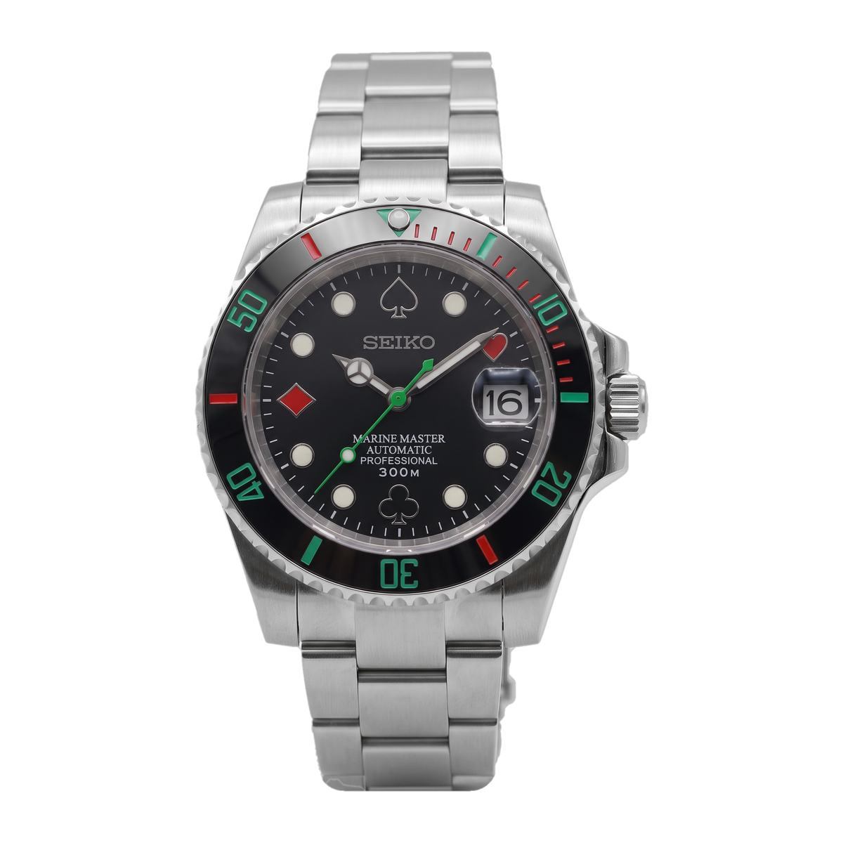 Poker Night Seiko mod Submariner front view on Oyster