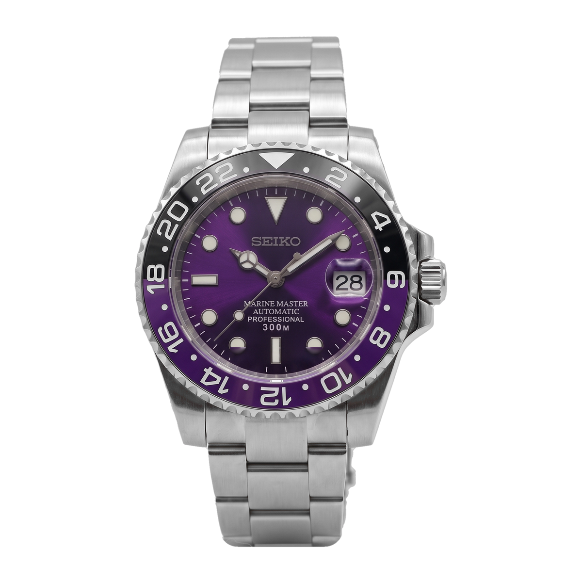 Purple Joker Seiko mod Submariner front view on Oyster