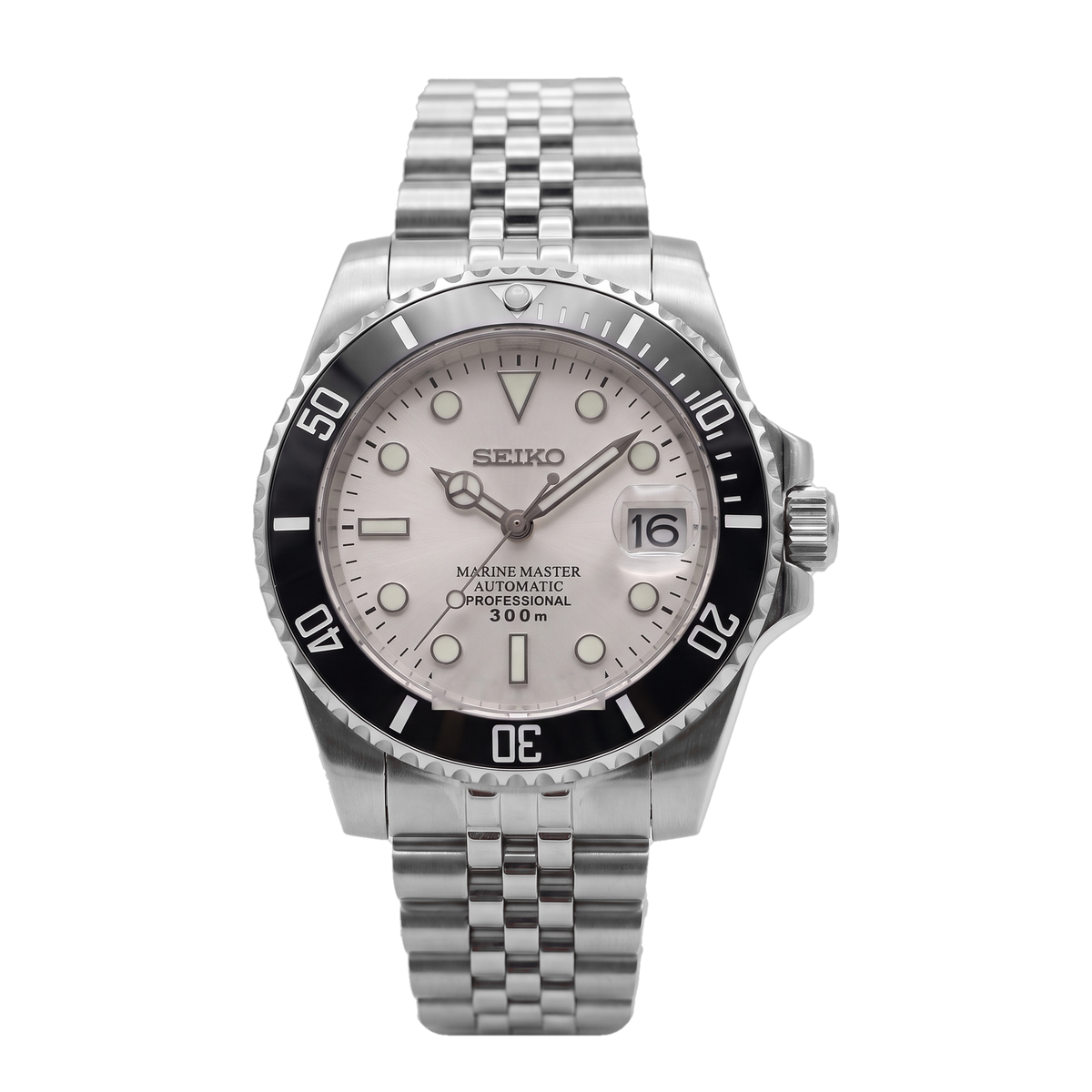 White Dial Black Bezel Seiko mod Submariner front view on Jubilee