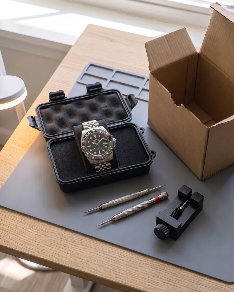A finished watch being checked at the bench before it ships